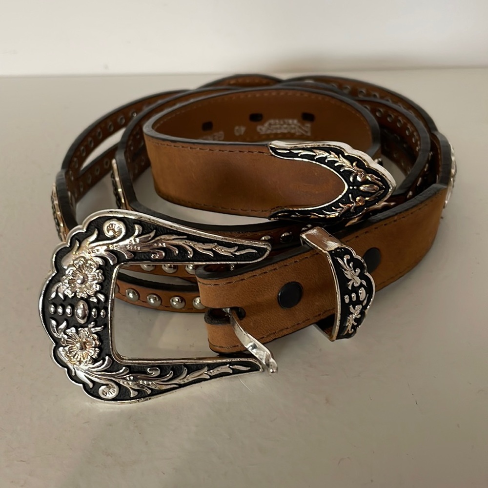 Nocona Tan Leather Belt with Ornate Silver Buckle